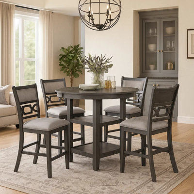 Sienna 5Pc Counter-Height Table Set, 4 Chairs, 2 Shelves, Gray Wood
