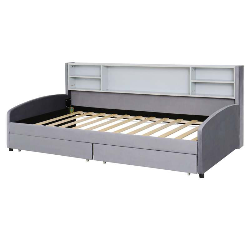 Upholstered Platform Bed with Storage and Drawers, Gray