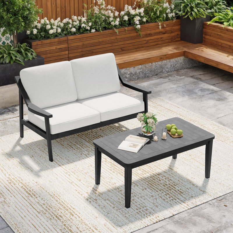 Ensemble de patio d'extérieur pour deux personnes en teck avec coussins et table basse Marlo, Beige, Noir