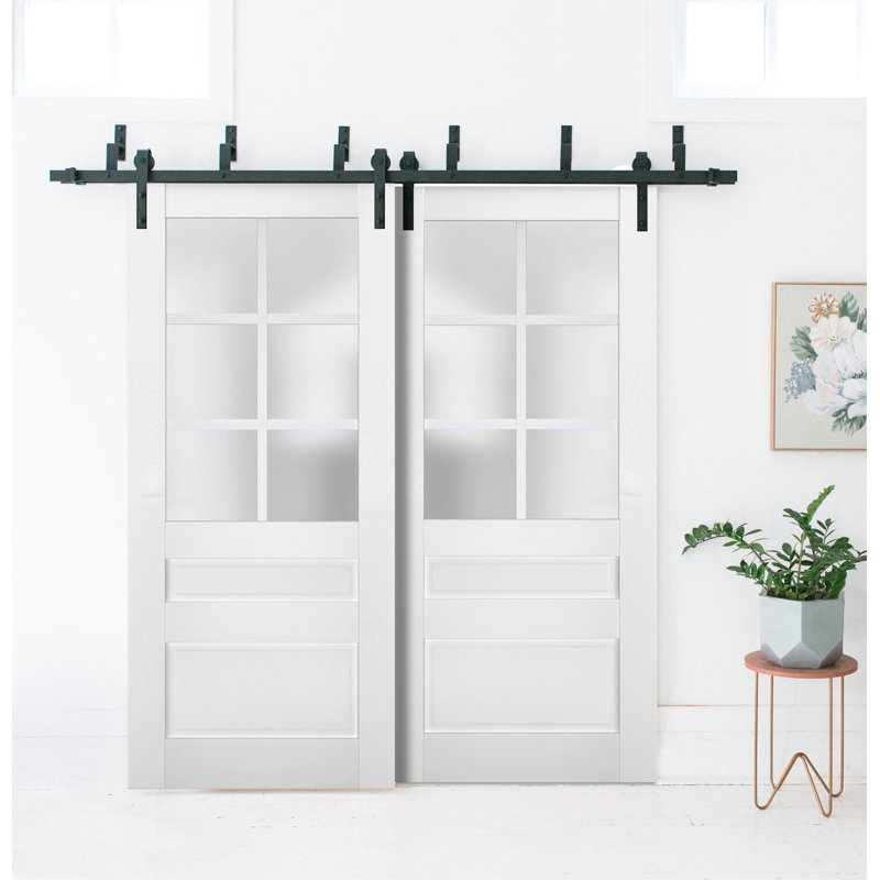 Portes coulissantes de style grange Veregio 7339 Blanc Soie avec verre dépoli, rails robustes de 2 m, quincaillerie incluse, portes de placard de chambre en bois massif