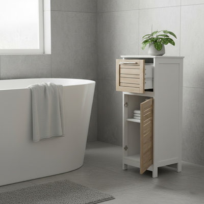 Stockholm 14.7" W x 32.12" H x11.13" D Free-Standing Linen Floor Tower Cabinet Oak