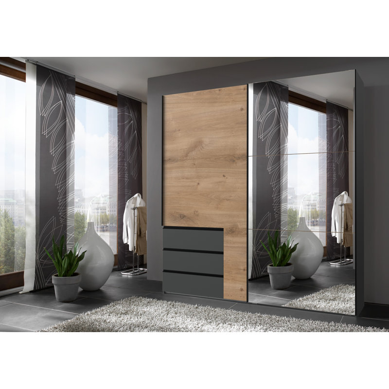 Guardino 2 Door Wardrobe, 236cm H x 200cm W x 65cm D, Plank Oak/Graphite