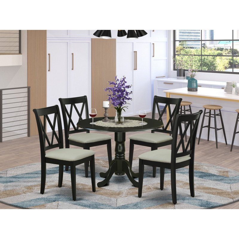 Ensemble de table de salle à manger 5 pièces comprenant une table ronde avec Dropleaf et 4 chaises en tissu de lin, noir, Oui