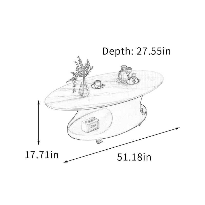Table basse ovale simple avec poulie, 17.71" H  x 27.55" D x 51.18" W, White/Light Gray Top/Black Base