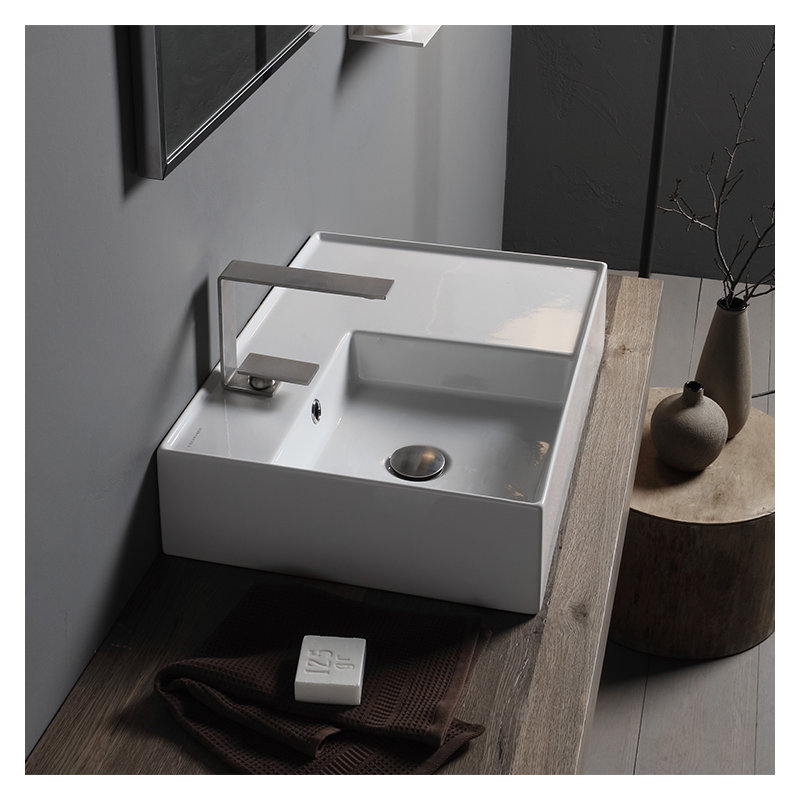 Scarabeo By Nameeks Teorema 17.32'' Bright White Ceramic Rectangular Vessel, Wall Mount Bathroom Sink with Overflow, One Hole