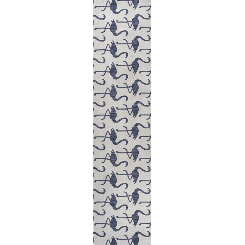 Cindia Casual Coastal Flamingos Two-Tone White/Navy Indoor/Outdoor Rug, Runner 2' x 7'10"