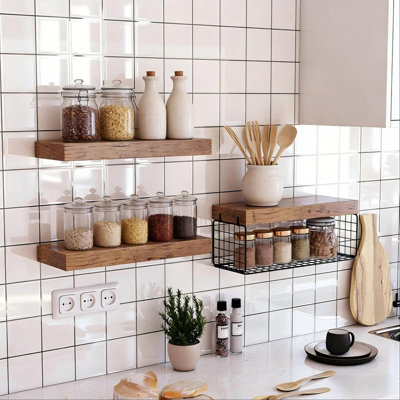 Ensemble de 3 tablettes de salle de bain rustique brun rustique (15,7 pouces) fixées au mur au-dessus de la toilette flottante et porte-papier hygiénique