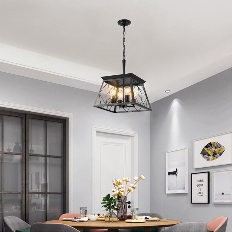 Lustre suspendu industriel noir à 4 lumières, cage moderne en métal, luminaire suspendu réglable pour la salle à manger, la cuisine et le salon