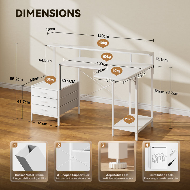 L-Shaped Metal Base Computer Desk with Power Outlet, White