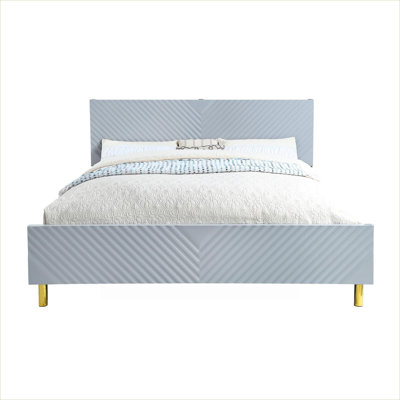 King Size Bed Frame Soft Gray Metal and Synthetic Wood Construction No Box Spring Required For Residential Bedroom Use