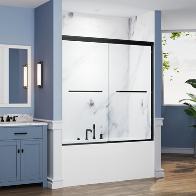 Porte de douche coulissante double semi-sans cadre H 56 po x l 58 po x H 58 po avec verre trempé de 1/4 po, enceinte de contournement de baignoire