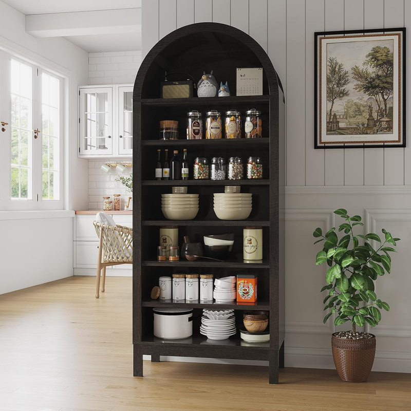 Armoire de rangement arquée 71 po avec 7 tablettes réglables - bibliothèque de ferme, garde-manger, entrée ou rangement de salon