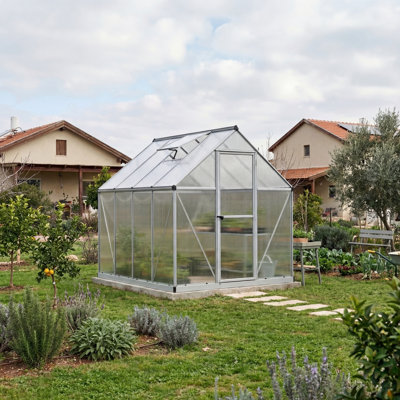 Palram - Canopia Mythos 6' W X 8' D Greenhouse Walk-In Hobby Twin Wall Polycarbonate Aluminum Frame Greenhouse Kit With Roof Vent - Silver