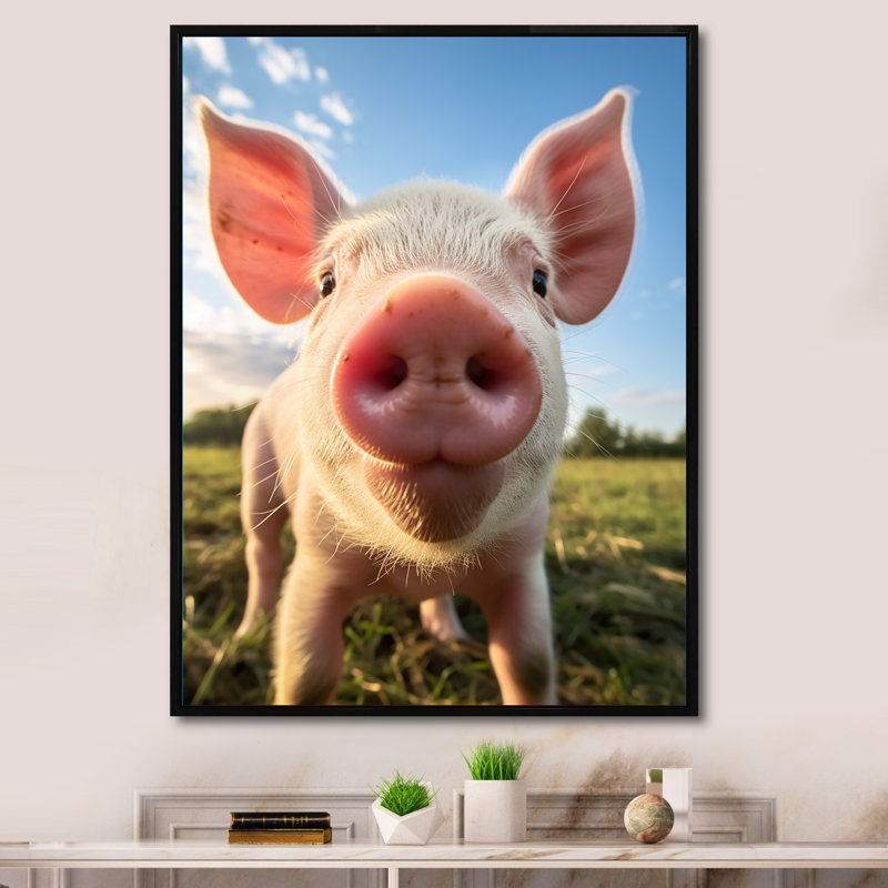 «Pink Pig Curious Snout Pig», reproduction sur toile, H 32 po x l 24 po x P 1 po, Cadre flottant noir