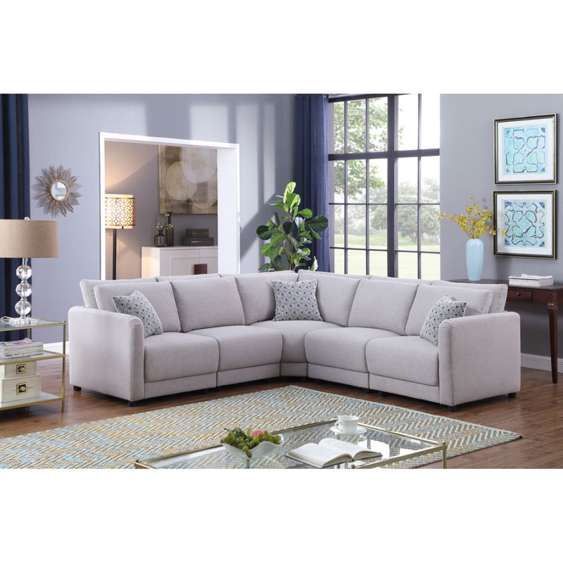 Modern Sofa Penelope Linen Fabric Reversible L-Shape Sectional Sofa With Pillows
