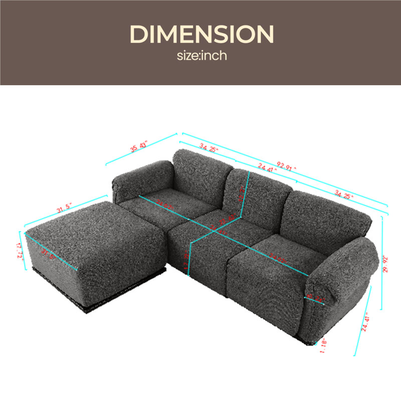 Longueur de 93 po, canapé modulaire tendance, structure en fer, canapé en chenille, convient au salon, Chenille grise 