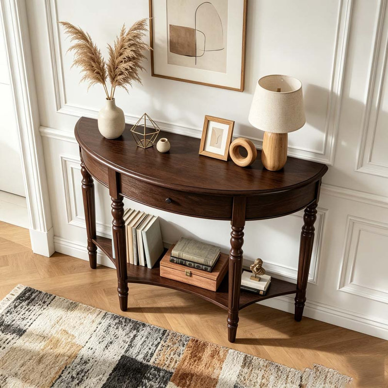 Console demi-lune avec tiroir et tablette, Espresso