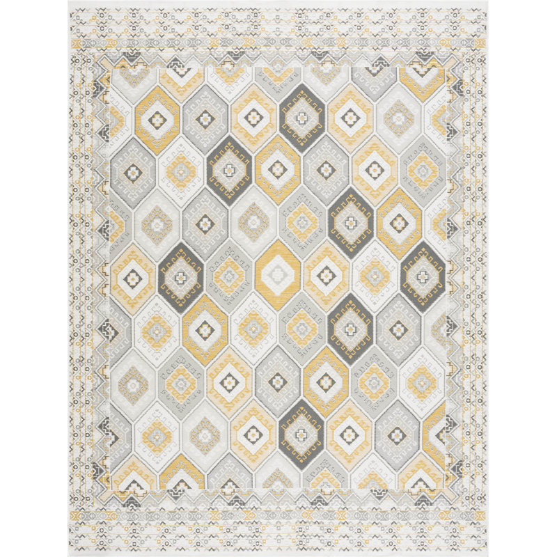 Tapis intérieur / extérieur à tissage plat réversible Deltufo, Crème / Gris / Jaune, Rectangle 7 pi 11 po x 10 pi 3 po