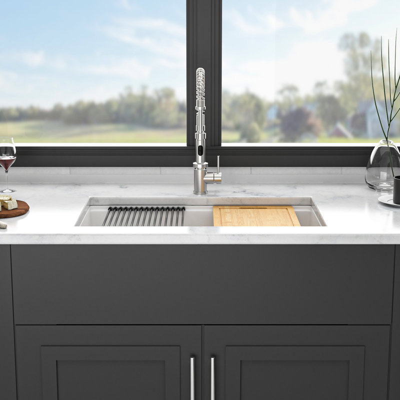 White Granite Composite Undermount Kitchen Sink 33X19" - Resilient Workstation With Feature Additions Quartz