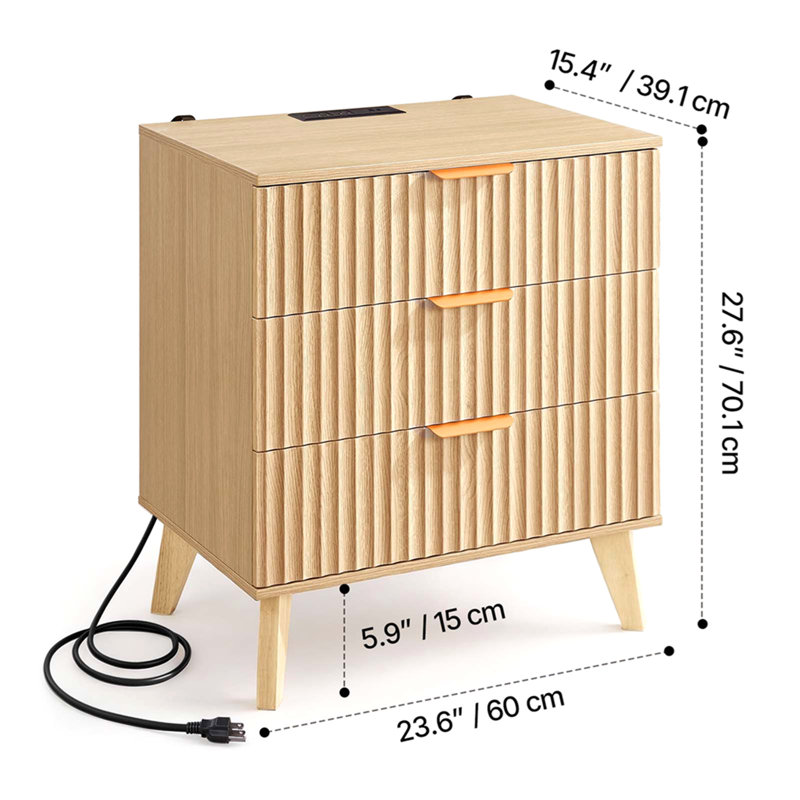 Table de chevet cannelée avec station de charge, avec 3 tiroirs, commode pour chambre à coucher, table de bout moderne Mid-Century, commode de table de chevet pour commode, pour chambre à coucher, salon, kaki