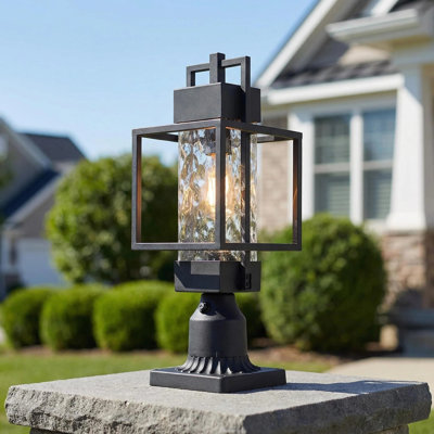 Modern 16.73''H Black 1-Light Dusk to Dawn Outdoor Post Mount Light with Clear Water Seddy Glass Waterproof