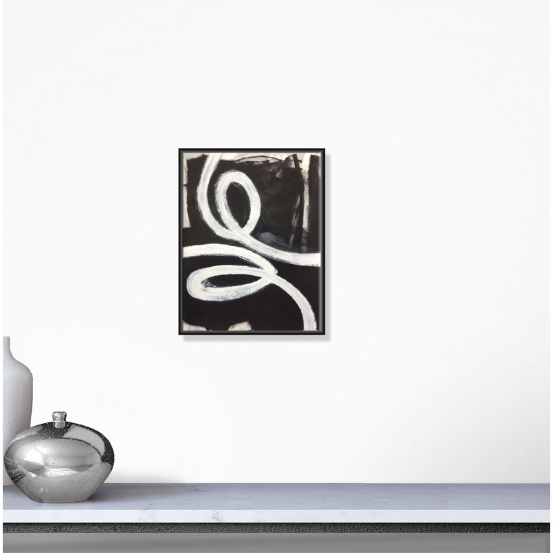 «Hendrix White Swirly Swirls 1», peinture sur toile à cadre flottant, H 28 po x l 22 po x P 2 po, Cadre noir