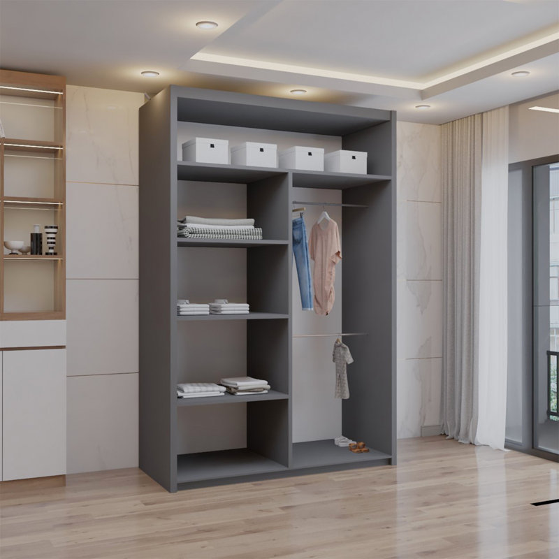 Cairo Sliding Double Mirror Wardrobe 90/100/120/150/180/203cm, Grey, 217cm H x 120cm W x 62cm D