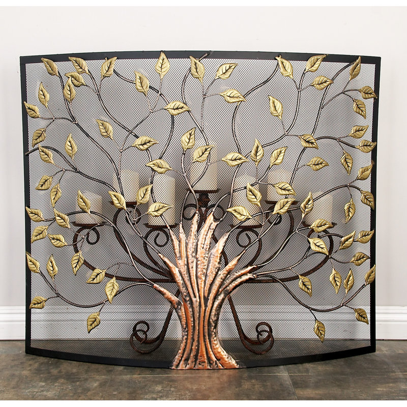 Aashay Bronze Metal Sculpted Relief Single Panel Tree Fireplace Screen with Curved Mesh Netting