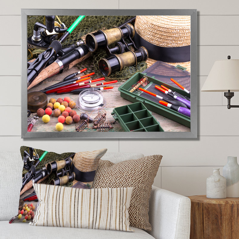 " Fishing Supplies Layout ", 16" H x 32" W x 1" D, Silver Single Picture Framed