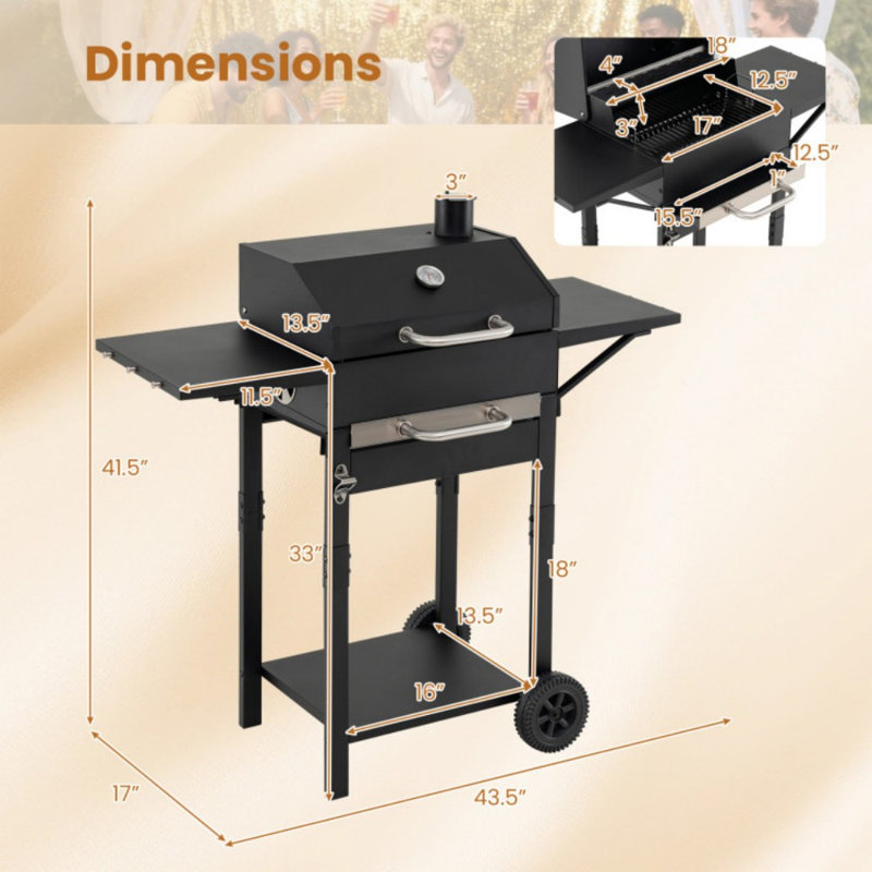 Barbecue au charbon de bois avec 2 tables d'appoint et foyer réglable, 284 pouces carrés.