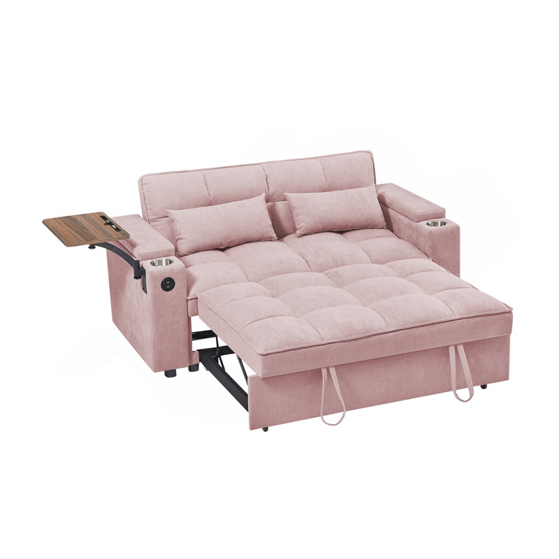 Canapé-lit en chenille rose avec accoudoirs avec rangement, port USB et table d'appoint