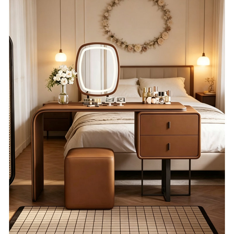 Ensemble coiffeuse moderne en cuir courbé avec miroir lumineux DEL