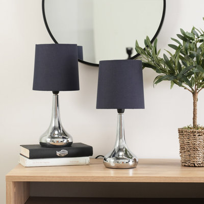 Riorita Pair of Chrome Touch Table Lamps with Fabric Shade and LED Bulbs