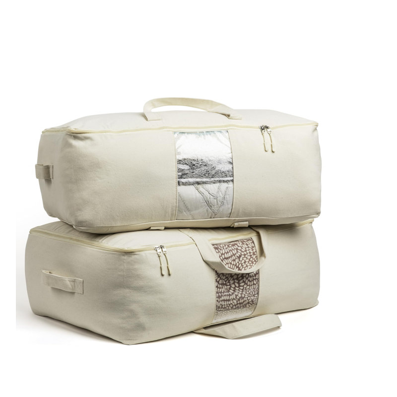 Soft Canvas Storage Bags With Zipper. Thick Breathable, 2Pc King/Queen Comforter Organizer. Four Carrying Handles And Window. Large 25X19x9in Bag For Sheets Blankets Bedding Pillows, Clothes