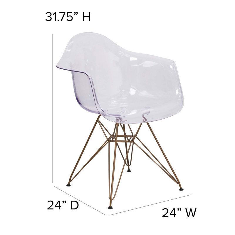 Transparent Side Chair with Curved Arms and Gold Metal Base