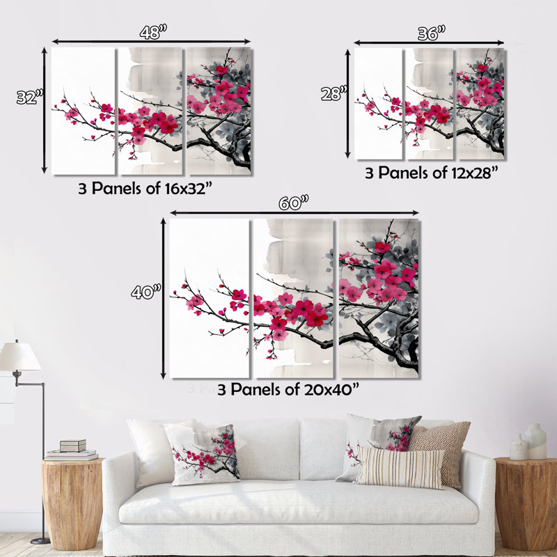 Asian Art Sumi Blossom II - 3 pièces sur toile tendue, H 28 po x l 36 po x P 1 po