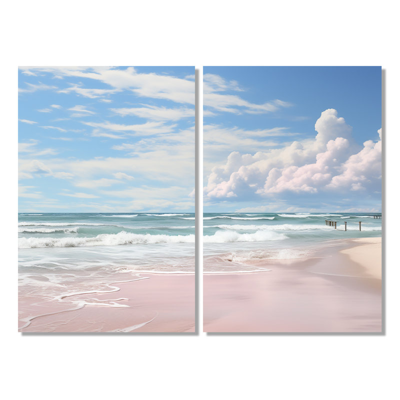 «Pink Minimalisme Beach Landscape III» - impressions nautiques sur toile 2 panneaux, H 36 po x l 48 po, Toile tendue