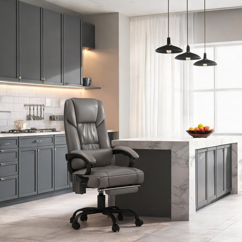 Fauteuil de bureau massant en similicuir gris avec modes de vibration, repose-pieds inclinable et hauteur d'assise réglable