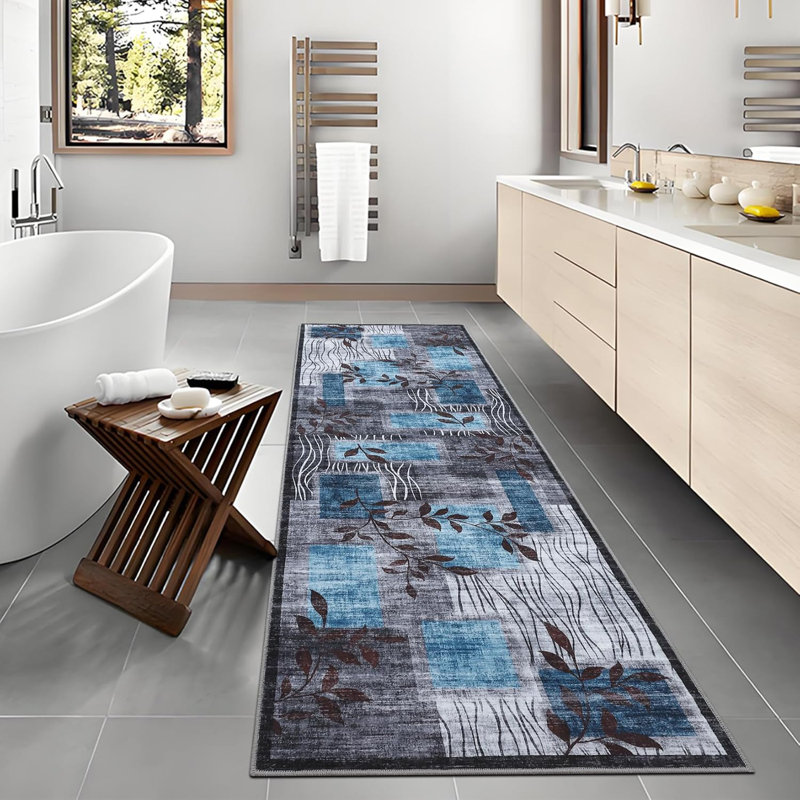 Washable Runner Rug 2x6 Modern Floral Rug Geometric Runners Grey Hallway Runner Carpet Soft Low-Pile Bathroom Mat Laundry Hallway 2x6