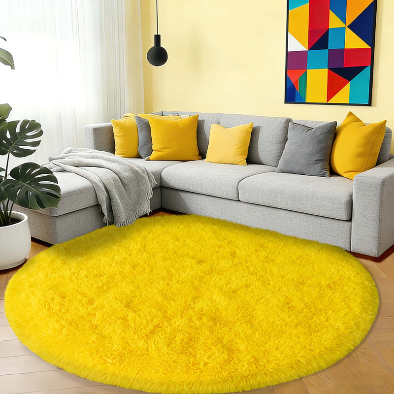 6ft Round Shag Rugs, Soft Non-slip Fluffy Rug for Bedroom, Living Room, Teen Rooms Home Decor, Bright Yellow, Round 6'