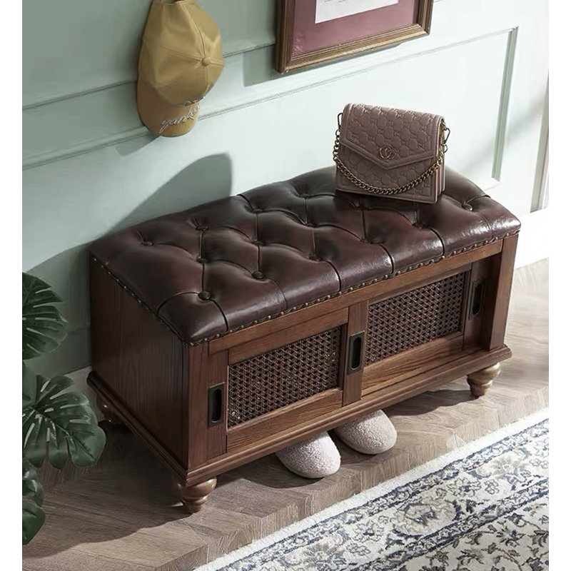 Traditional Solid Wood Shoe Storage Bench with Tufted Seat and Rattan Inserts, Dark Brown