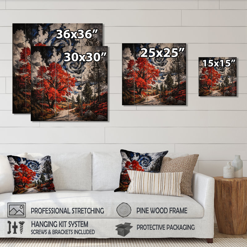 «Autumn Forest Pathway In Summer II», paysage, art mural sur bois de pin naturel, H 15 po x l 15 po