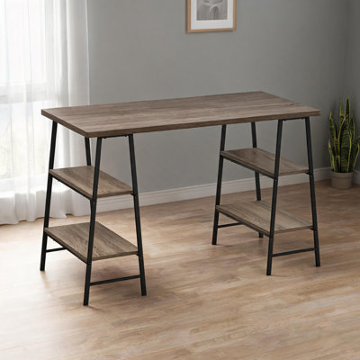 48-inch Writing Desk with 4 Open Shelves, Industrial Style, Beige-Toned Laminate and Black Metal