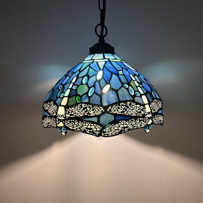 Kleist Tiffany Pendant Lighting Blue Stained Glass Dragonfly LED Bulb Included 12"W*12"D*60"H