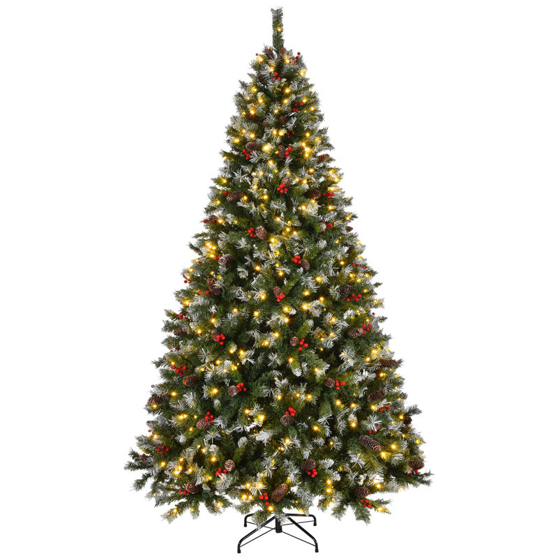 Sapins de Noël artificiels pré-éclairés avec lumières, pommes de pin, baies et base en métal, 7.5'