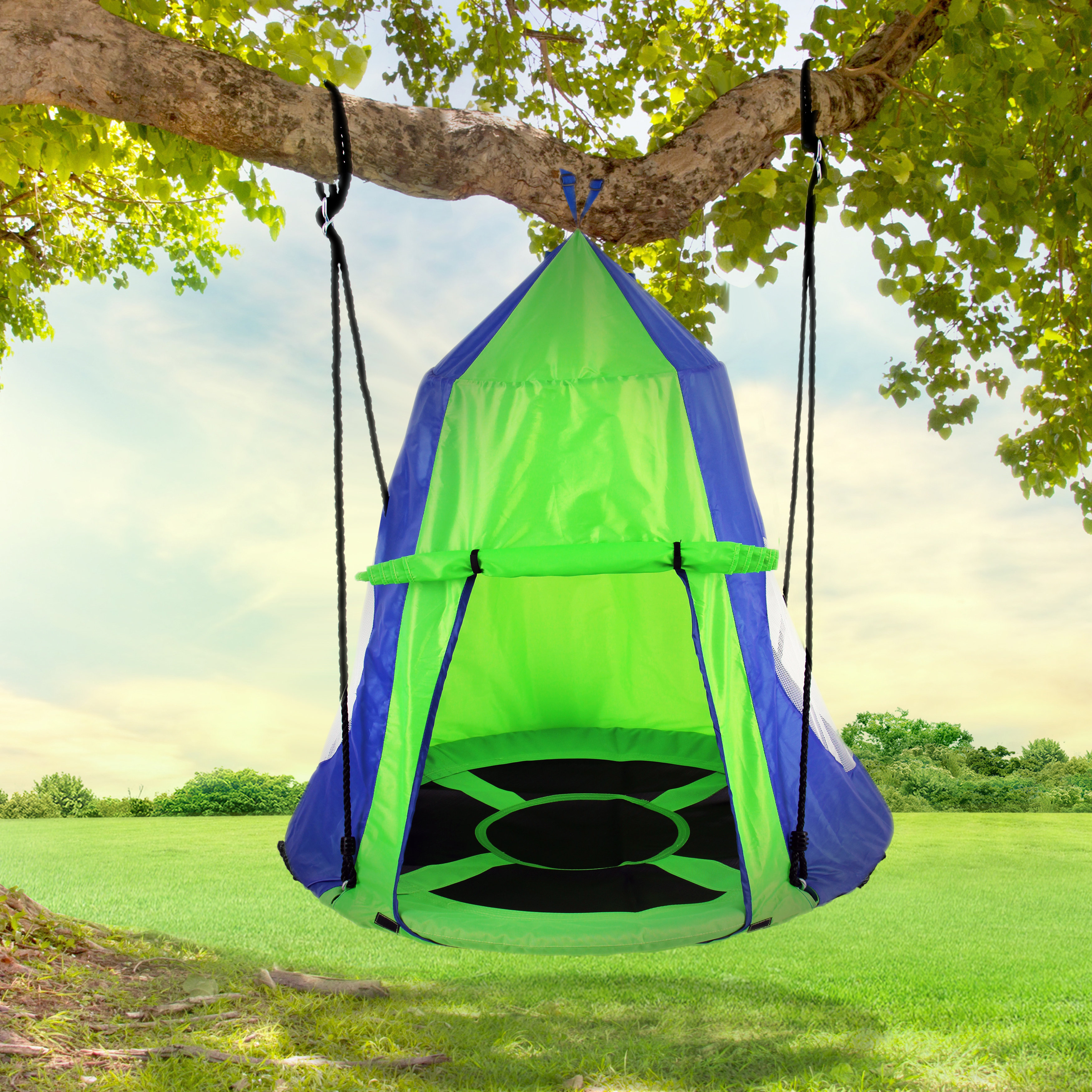 SereneLife Balançoire de Jardin Ovale 170 cm – Siège Extérieur Géant avec Kit de Suspension, Coussin et Sac – Résistante à l'Eau, Charge 317 kg, Noire, Noir