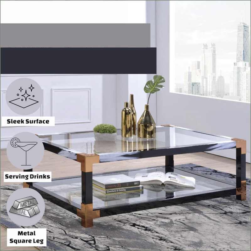 Table basse moderne en verre transparent avec plateau trempé de 5 mm Dégagement de 2 pouces, peu encombrant pour le salon
