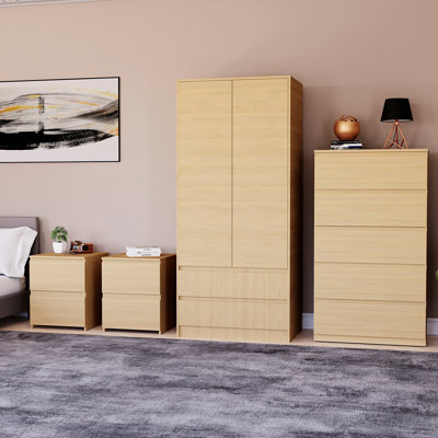 Tanino 4 Piece Bedroom Set (2 Drawer Large Bedside Chest, 5 Drawer Chest, 2 Door 2 Drawer Wardrobe), (6)