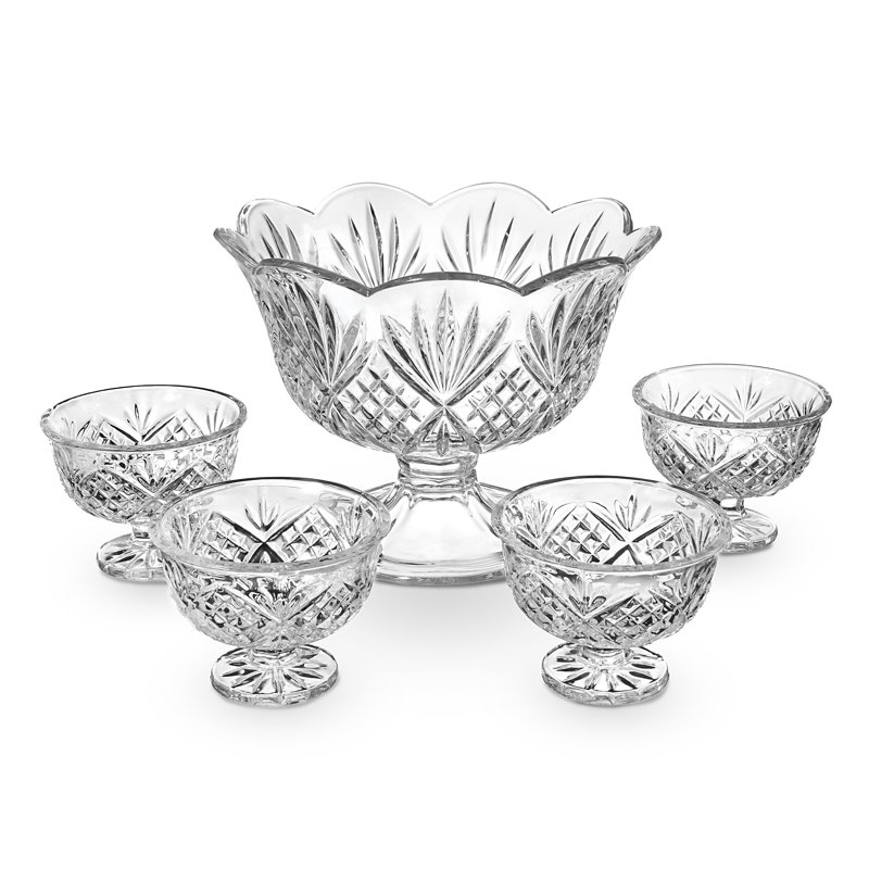 Dublin Crystal 5 Piece Scalloped Trifle Bowl 75oz & Ice Cream Bowl 10oz Set