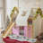Full Size House Loft Bed With Sills And Tents, Solid Wood Loft Bed With Ladders And Slide, Chic Design With Lights, No Box Spring Needed, Natural+pink-2114181130-2114181132